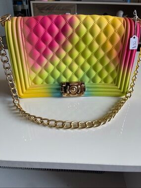 Quilted Gradient Chain Shoulder Bag - Neon Rainbow